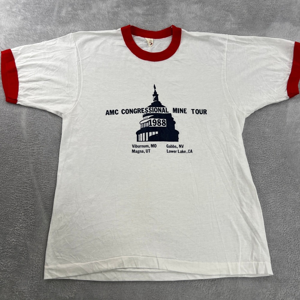 Screen Stars 1988 Congressional Mine Tour Ringer T-Shirt L White Single Stitch